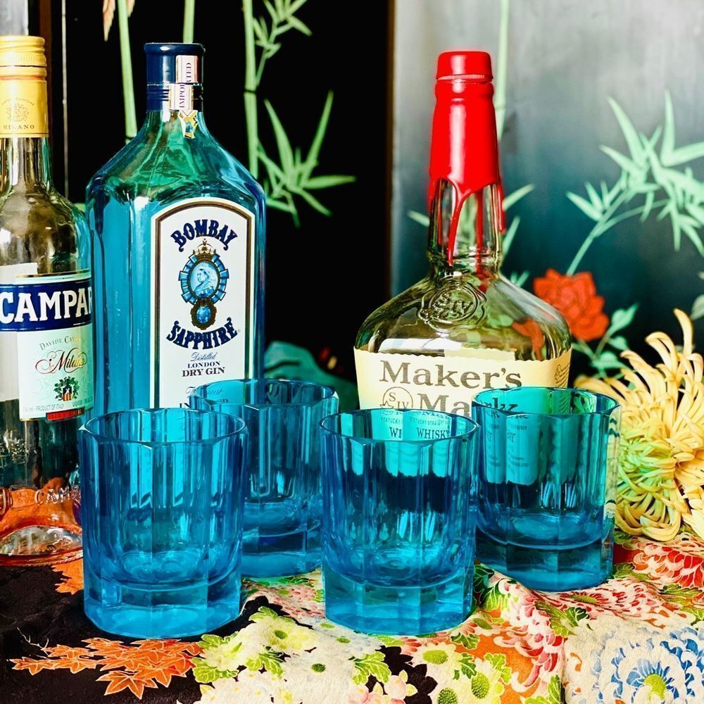 ♥️ S Marcen MCM Teal Blue Faceted Heavy Whiskey Lowball 4 Glasses RARE
